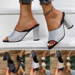 Sandalias Moda para mujer Tacones altos gruesos Resbalón transpirable en zapatos de diamantes de imitación Casual para mujer Ajuste ancho