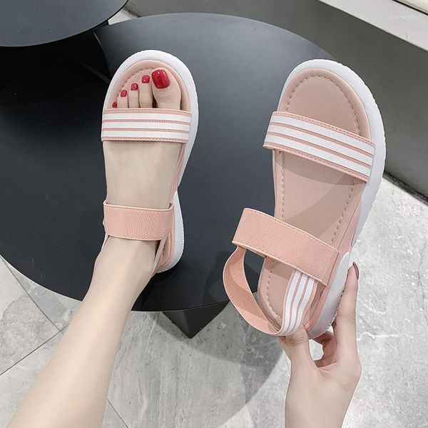 Sandalias de moda transpirable Rosa cinturón elástico fondo grueso esponja pastel zapatos de mujer 2023 boca de pez plana 35-40