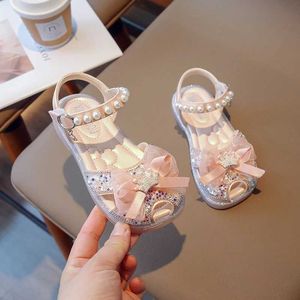 Sandals style à la mode bébé fille arc chaussures de princesse perle diamant papillon sandales paillettes de danse pilier d240527