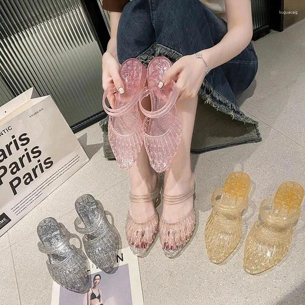 Sandales à la mode d'été pour femmes, talons hauts, chaussures à enfiler, pointe, deux pièces, dos ajouré, Style doux, matériau Pvc