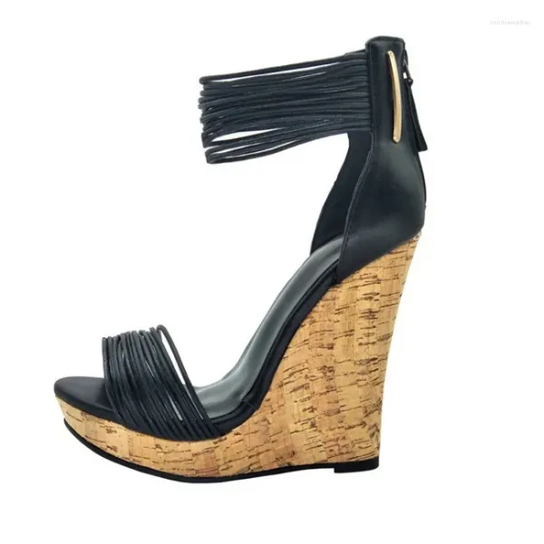 Sandales à la mode pour femmes, bride à la cheville, talon compensé, combinaison de ruban, chaussures d'été d'environ 12.5 Cm, talons hauts, bout ouvert