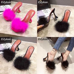 Sandales plumes talons hauts fourrure pantoufles sandales femmes bout carré Mules dame pompes diapositives taille 35-41 230316