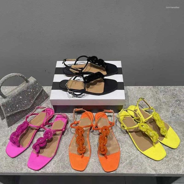 Sandalias Pies Sujeción Cómodo Punta abierta 2023 Verano Estilo de hadas Cristal Decorativo Tacón plano Lado Air Back Strap Zapatos Gi