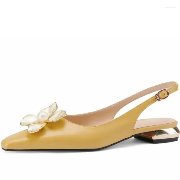 Sandales femme chaussures plates en cuir véritable printemps automne femmes métal fleur bout pointu talons plats grande taille 34-43