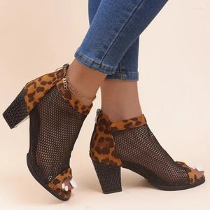 Sandales femme léopard respirant talon épais bottes courtes dos fermeture éclair maille bouche de poisson confort talons hauts Sandalias Femininas