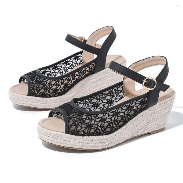 Sandalias Boca de pescado Cuñas Mujeres Encaje Tacones altos Damas Tallas grandes 43 Transpirable Casual Tejido Plataforma de malla Mujer