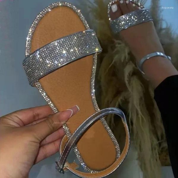 Sandalias planas para mujer Dressy Summer Sparkly Rhinestone Slide Zapatos de playa Vestido de mujer Bling Trendy Ladies