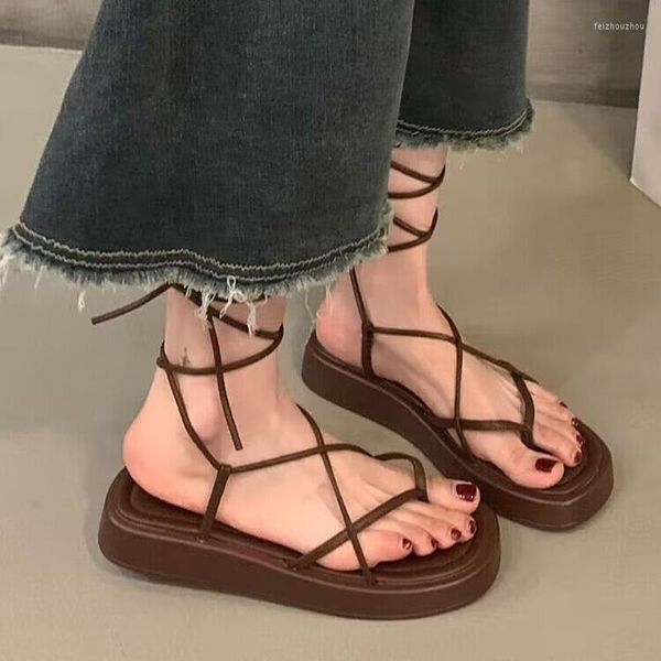 Sandalias planas, zapatos de plataforma para mujer, punta abierta, cordones, moda Sexy, tendencia de verano 2023, vestido informal, zapatillas deslizantes