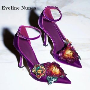 Sandals Flower 297 Bling Veet Purple Purple Toe Stiletto Santaje de hebilla Corturas Cinturas Mujeres Aire lateral hueco zapatos elegantes