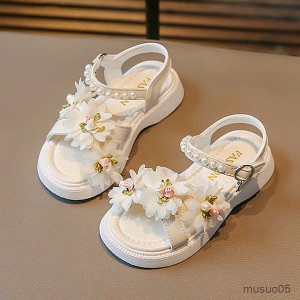 Sandales d'été à fleurs pour filles, chaussures de princesse avec perles, pour fête de mariage, à la mode, confortables, souples, avec boucle à crochet, pour enfants