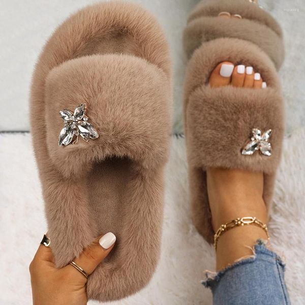 Sandalias mullidas zapatillas strass mariposa Faux Fur Slides mujeres plataforma chanclas zapatos planos de lujo para interiores personalizados