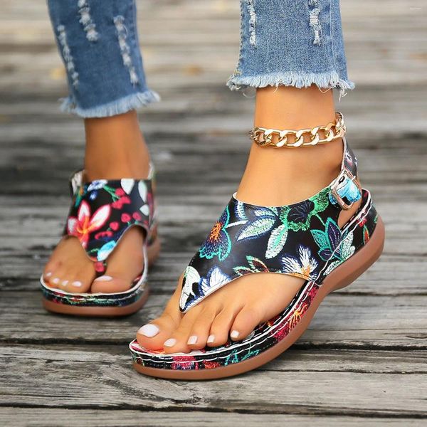 Sandalias para mujeres 2024 Ladies Playa de verano Flat informal Bloque de color CLIP IMPRESO TOE TIEMBRE TALLE PRODURA Zapatos de talón en venta