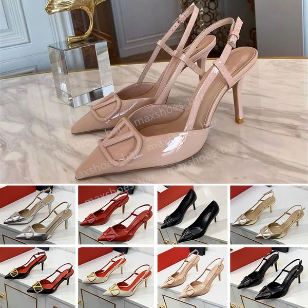 Sandalias para mujeres Tacones altos zapatos informales puntiagudos Classics Metal V-Buckle Tacón delgado de 6 cm 8 cm 10 cm de cuero genuino zapatos de boda rojo de mujeres poco profundas con bolsa ZM13