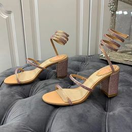 sandales pour femmes de qualité supérieure serpentine enroulement chaussures habillées en satin semelle en cuir véritable talons épais designer 9CM talon haut Rome femmes sandale 35-43