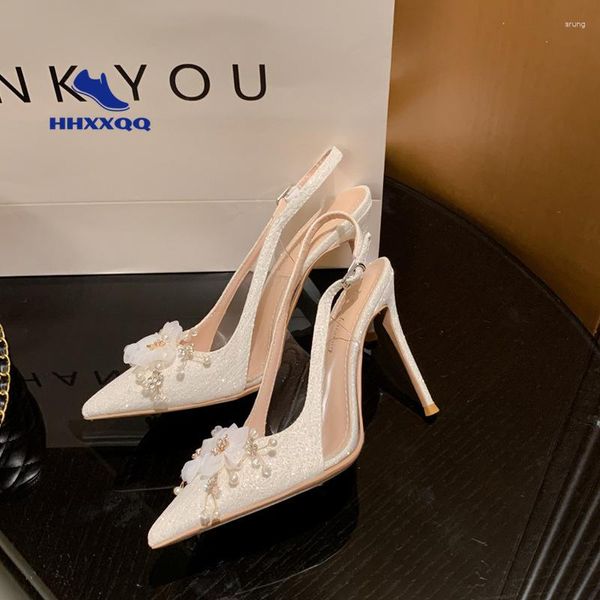 Sandalias Flor blanca francesa Zapatos de boda Tacón fino para mujer Tacones altos en punta Moda Baotou Verano