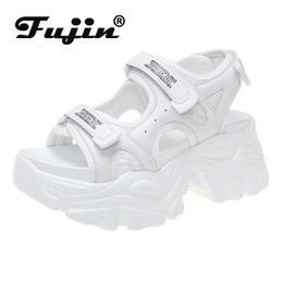 Sandales Fujin cuir 8cm plate-forme talon compensé pour femmes chaussures d'été décontracté crochet boucle diapositives plage pantoufles épais 230225