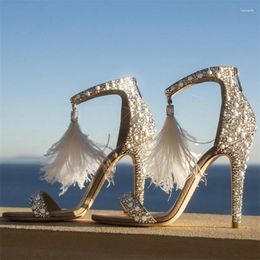 Sandales pleine strass femmes gladiateur frangé talons hauts bride à la cheville sandale d'été femme robe de mariée chaussures pompes