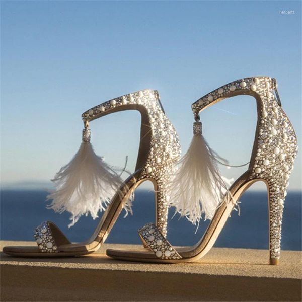 Sandales pleine strass femmes gladiateur frangé talons hauts bride à la cheville sandale d'été femme robe de mariée chaussures pompes