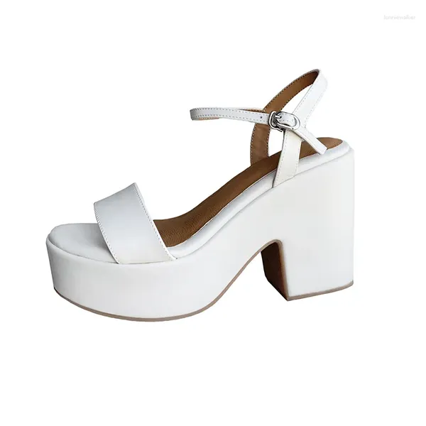 Sandales véritable cuir de vache femmes plate-forme 2023 été haut talon épais sandale bride à la cheville dames Beige jaune chaussures à semelles compensées