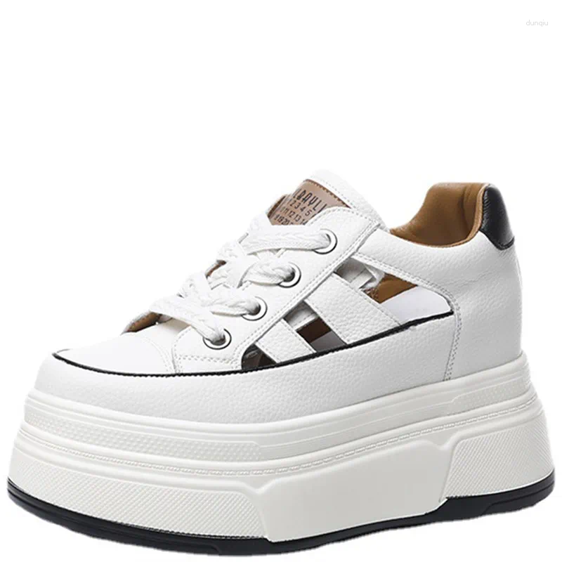 Sandalias de cuero genuino 9 cm tacón deportes para mujeres 2024 verano plataforma de suela gruesa punta redonda zapatos romanos zapatillas huecas