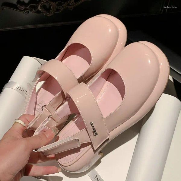 Sandales en cuir véritable brillant doux style japonais lolita rose bleu ciel bout fermé été mary janes talons épais pour femmes