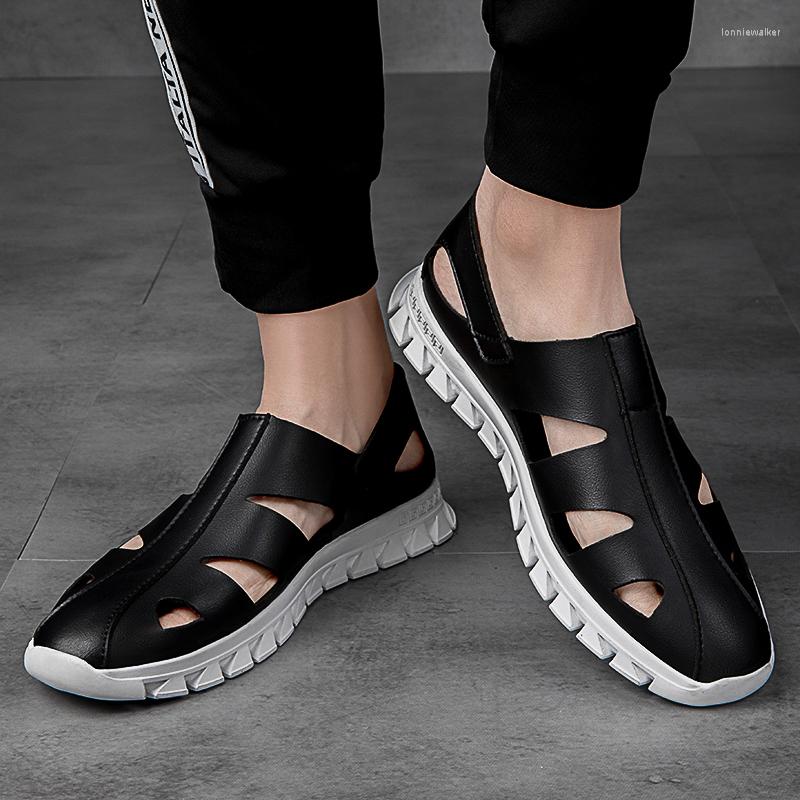 Sandaler äkta läder män svarta/grå klänningskor sommarstrand affärs andas hål ut mjuka tjocka sulor