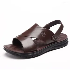 Sandales en cuir véritable hommes été léger fond souple chaussures de plage en plein air marche antidérapant mâle pantoufles diapositives grande taille