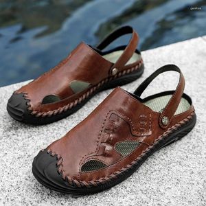 Sandalen Echt Leer Heren Zomer Baotou Casual Man Slippers Handige Slip On Mannelijke Outdoor Trekking Sandalen