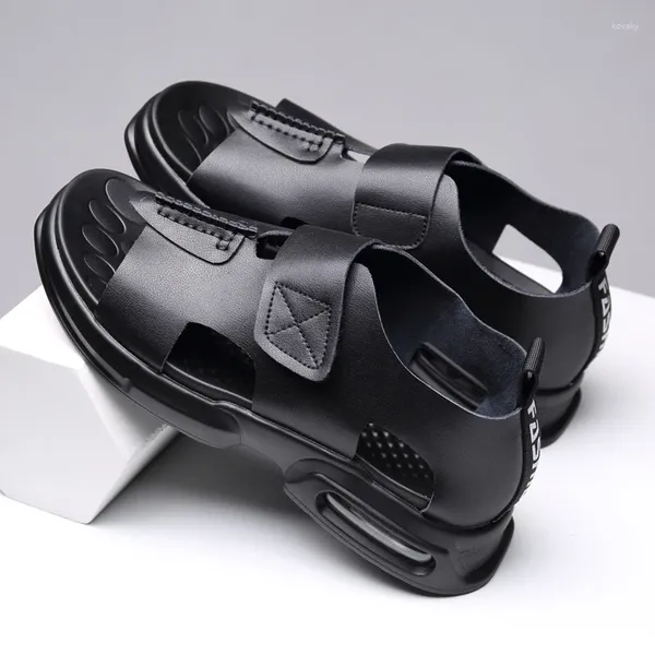 Sandalias Zapatos romanos de cuero genuino Antideslizante Verano Británico Retro Suela gruesa Aire ligero Casual Playa Moda Suave para hombres