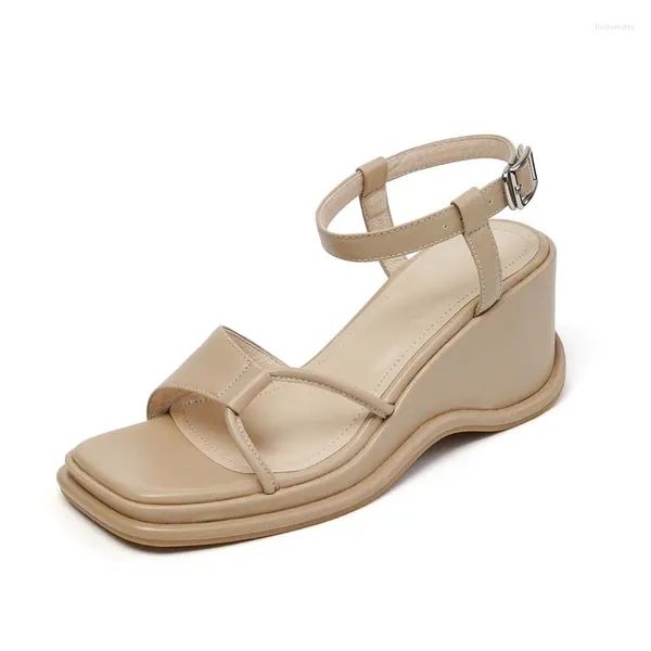 Sandalias de cuero genuino Summer Mujeres Cuñas sexy correa de tobillo negros albaricoque beige