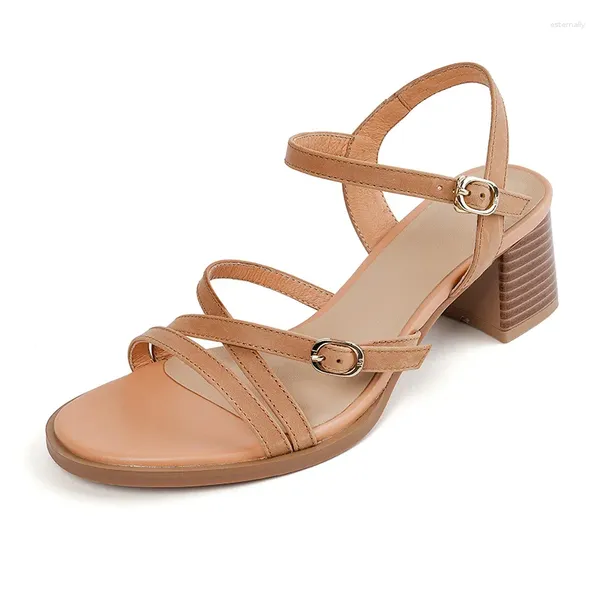 Sandales en cuir véritable femmes rétro 2023 été marron jaune bout ouvert haut talon épais bride à la cheville dame chaussures de fête