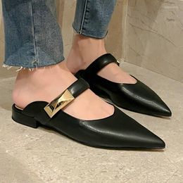 Sandales en cuir véritable naturel femme chaussures été pantoufles bout pointu métal Design diapositives femmes sans lacet Mules