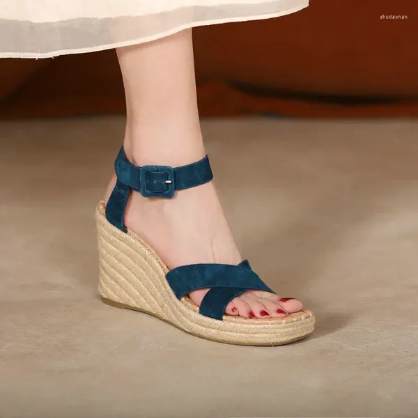 Sandales en cuir suédé de mouton véritable, vert marine, bout ouvert, Espadrilles tissées, chaussures d'été augmentant la hauteur, plates-formes compensées