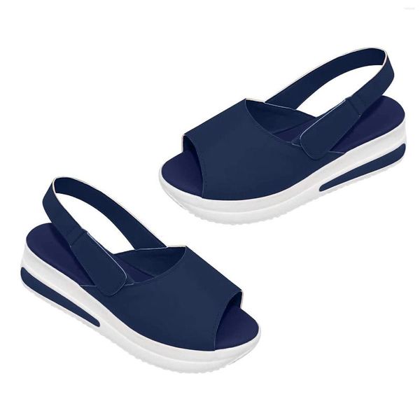 Sandalias Regalo Zapatos para caminar Moda Playa Plataforma de cuña Cómodo Punta abierta Azul Casual Verano Mujeres Antideslizante Correa de tobillo