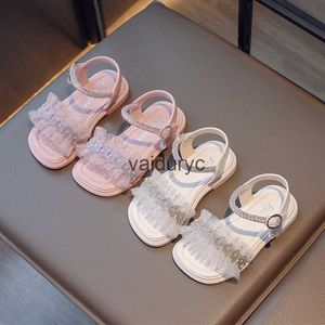 Sandalen meisjes kanten rand prinses schoenen sandalen trend 2023 zomer nieuw product kleine meisje vierkante mond open teen strand casual h240411