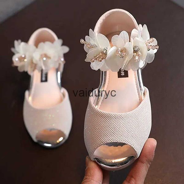 Sandals Girls Rhinestone Flower Chaussures avec talons basse robe de fête de mariage Pump Princesse H240506