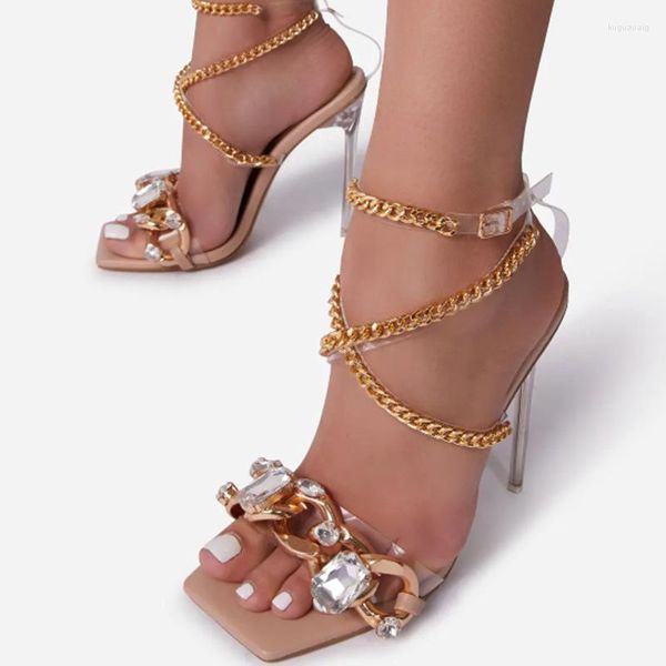 Sandalias Gladiador Zapatos de mujer Cadena de oro Tiras Diamante brillante PVC Tacones finos Verano Mujer Zapatos de Mujer Tacon Cross-Strap