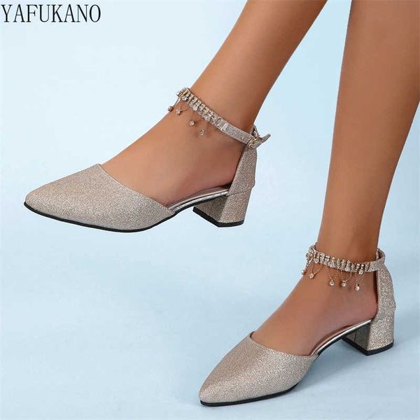 Sandales Glitter Strass Gland Décor Chunky Talon Cheville Sangle Pompes Mi Creux Femmes Talons Hauts Or Argent Chaussures De Mariage Taille 34-42 T221209