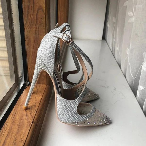 Sandalias Glitter Silver Lentejuelas Mujeres Correa cruzada Gasa Punta puntiaguda Zapatos de tacón alto Verano Señoras Sexy Stiletto Bombas Tamaño 33-45