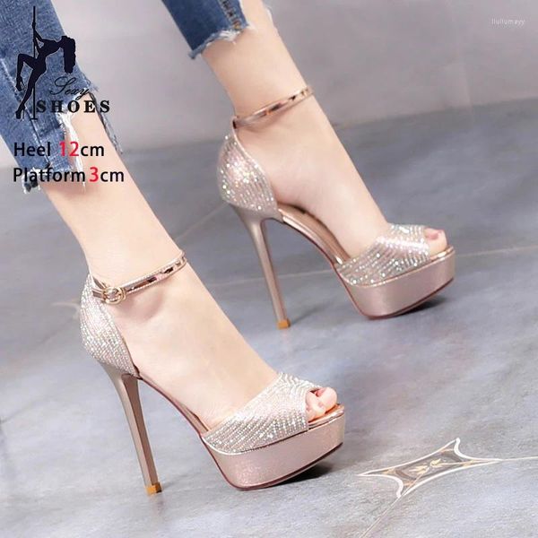 Sandalias Gold Bling Mujeres 2024 Sexy Peep Toe Tacones altos 12 cm Tobillo Correa Fiesta Zapatos de boda Lujo Rhinestone Verano