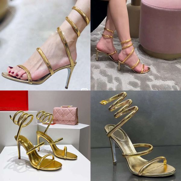 Sandales Gold Designer Chaussures Femmes Stiletto Talons Crystal Rignestone Twining Foot Ring 10 cm