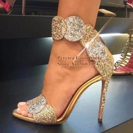 Sandalen Goud Glinsterende Hoge Hak Sandaal Zomer Open Teen Pailletten Jurk Schoenen Enkelbandje Gladiator Cage Drop Ship