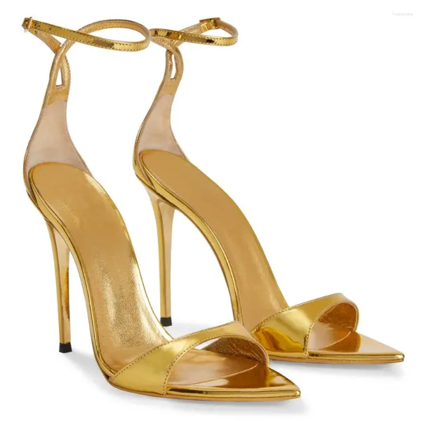 Sandales dorées à talons hauts pour femmes, talons aiguilles, lanière à la cheville, bout pointu, noir, chaussures de grande taille 11-13cm