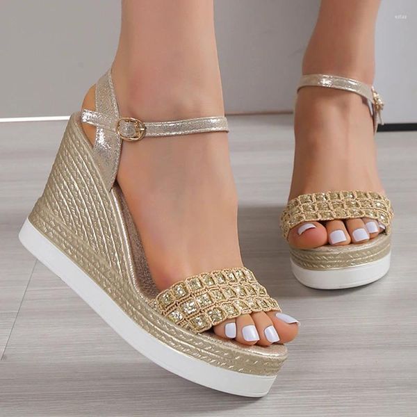 Sandalias Gold Silver Glitters Cuña Mujer Hebilla Correa Chunky Plataforma Sandalias Mujer Verano Antideslizante Suela gruesa Tacones altos