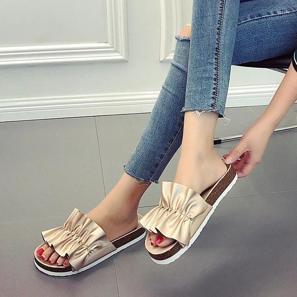 Sandales Gold / Silver Handmade Flower Ruffles Cork Beach Women Clip Toe Flip Flops Ladies Plateforme Femme Mules Chaussures