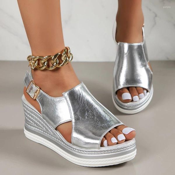 Sandalias Gold Silver Peep Toe Wedge Mujer Verano Correa trasera Plataforma gruesa Sandalias Mujer Moda Pu Cuero Hebilla Zapatos romanos 43