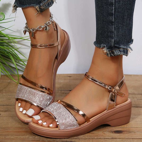 Sandalias de cuña doradas y plateadas para mujer, Sandalias de plataforma de tacón grueso de verano 2023 para mujer, Sandalias de gladiador con correa en el tobillo de talla grande 43 Z0306