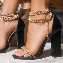 Sandales dorées chaîne ornée bride à la cheville talon haut pour femmes mode bout ouvert grosse robe de soirée pompes été nouveauté 220121