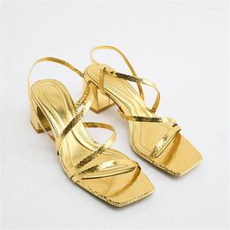 Sandálias Douradas Sapatos Femininos Verão 2023 Dedo Quadrado Gladiador Sandalias Casual Alças Zapatos Mujer Senhoras Salto Alto Grosso