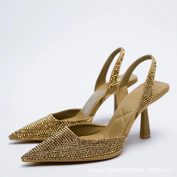 Sandales Gold Femmes talons Sandales 2023 Crystal d'été